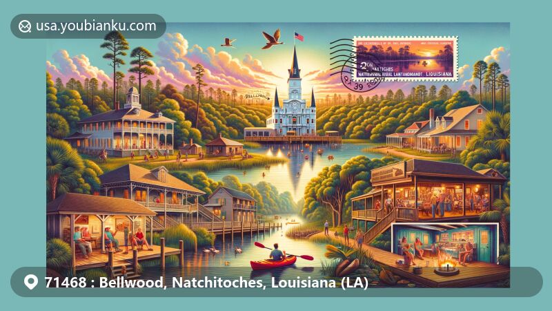 Modern illustration of the Bellwood area in Natchitoches Parish, Louisiana, featuring Natchitoches National Historic Landmark District, Creole-style cottages, Cane River Lake, outdoor activities like kayaking, Kisatchie National Forest, wildlife, hiking trail, sunset sky, and postal theme with Louisiana state symbols.