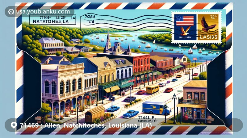 Modern illustration of Natchitoches National Historic Landmark District, showcasing scenic Cane River Lake, historic buildings, cultural elements like restaurants and art galleries, featuring Louisiana state flag and '71469 Allen, Natchitoches, LA' postal details.