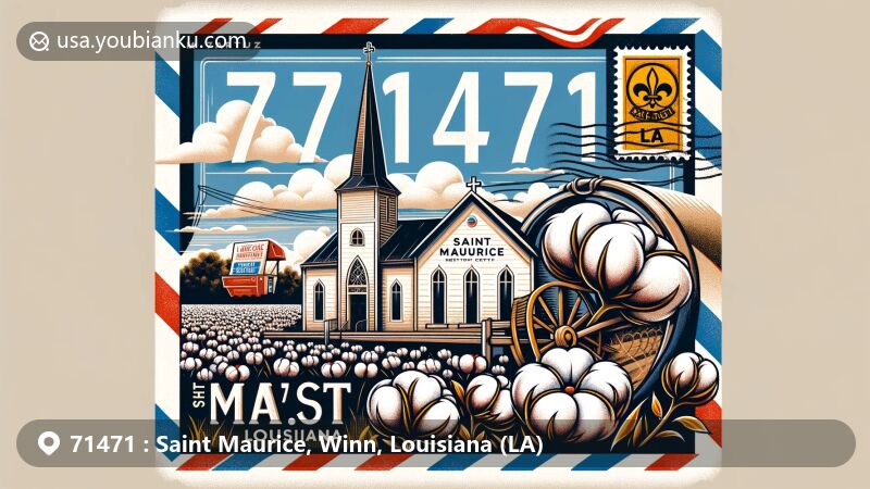 Modern illustration of Saint Maurice area, Winn Parish, Louisiana, showcasing postal theme with ZIP code 71471, featuring St. Maurice Methodist Church, cotton fields, Louisiana state symbols, and creative postal elements.