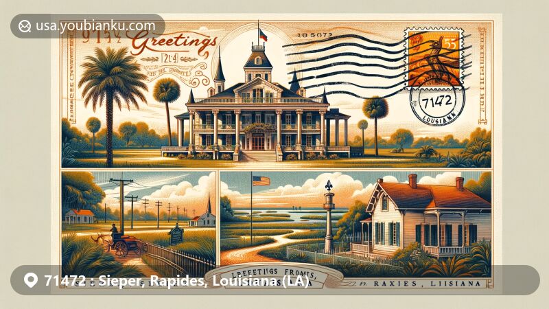 Modern illustration of Sieper, Rapides, Louisiana, showcasing Kent Plantation House with postal theme for ZIP code 71472, featuring Greek Revival and Creole architecture and iconic postal elements.