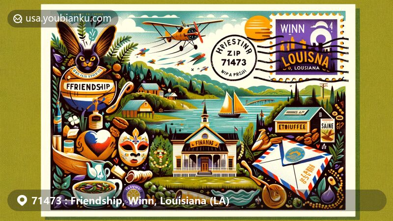 Modern illustration of Friendship, Winn Parish, Louisiana, highlighting ZIP Code 71473 area, featuring Louisiana's rich culture, natural beauty like Kisatchie National Forest and Saline Bayou, iconic cuisine, and Mardi Gras elements.