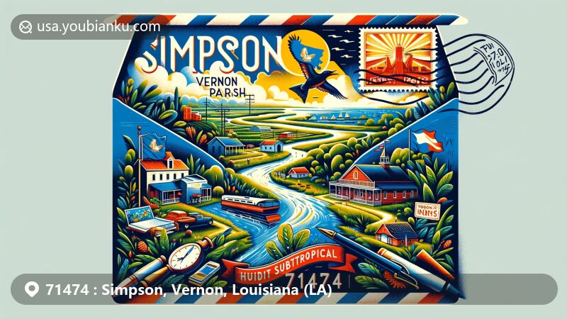 Modern illustration of Simpson, Vernon Parish, Louisiana, featuring a postal theme with ZIP code 71474, showcasing Louisiana state flag, Vernon Parish outline, and lush greenery typical of the humid subtropical climate.