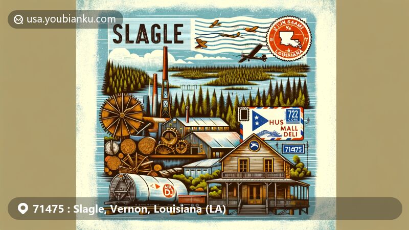 Modern illustration of Slagle, Vernon Parish, Louisiana, featuring postal theme with ZIP code 71475, showcasing historical lumber aspect and local Slagle Mall & Deli.