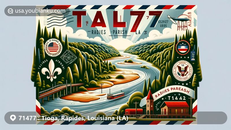 Modern illustration of Tioga, Rapides Parish, Louisiana (LA), representing the 71477 postal area, featuring Kisatchie National Forest, the Red River, and the Louisiana state flag, with a vintage airmail envelope showing ZIP code, postal stamp with local symbol, and Tioga, LA postmark.