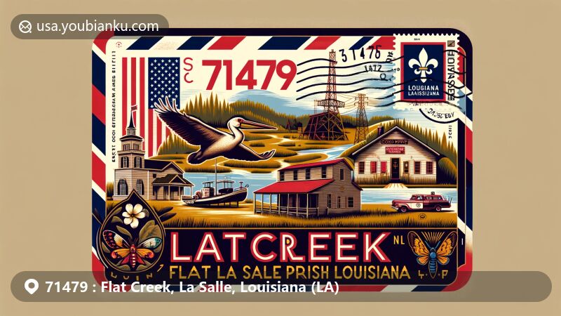 Modern illustration of Flat Creek area in La Salle Parish, Louisiana, showcasing ZIP code 71479 on a vintage-style airmail envelope. Features include Catahoula National Wildlife Refuge, Good Pine Lumber Company Building, state symbols like brown pelican and magnolia.