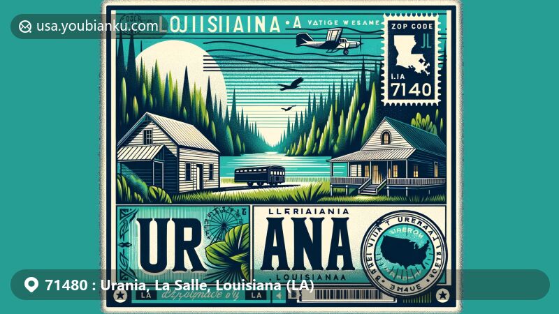 Modern illustration of Urania, Louisiana, showcasing postal theme with ZIP code 71480, featuring lush forests and lumber heritage of Henry E. Hardtner, Louisiana's first conservationist.