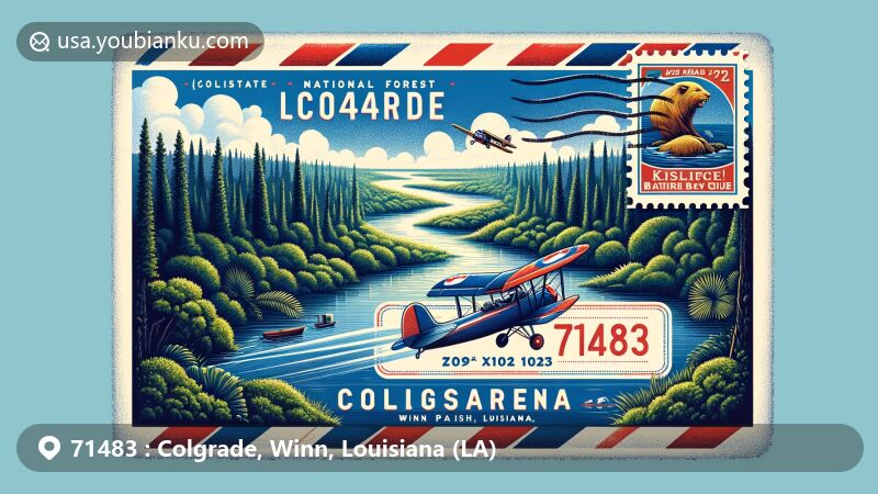 Modern illustration of Colgrade, Winn Parish, Louisiana, featuring postal theme with ZIP code 71483, showcasing Kisatchie National Forest and Saline Bayou.