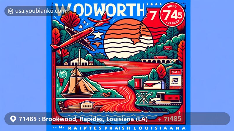 Modern illustration of Woodworth, Louisiana, in Rapides Parish, featuring postal theme with ZIP code 71485, showcasing Red River and cultural symbols.