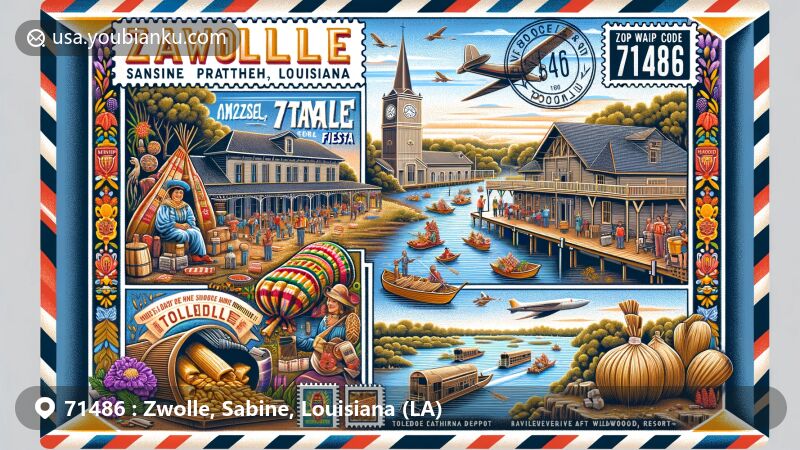 Modern illustration of Zwolle, Sabine Parish, Louisiana, depicting the vibrant Zwolle Tamale Fiesta celebration and the historic Kansas City Southern Depot, set against the backdrop of Toledo Bend Lake and outdoor activities at Wildwood Resort.