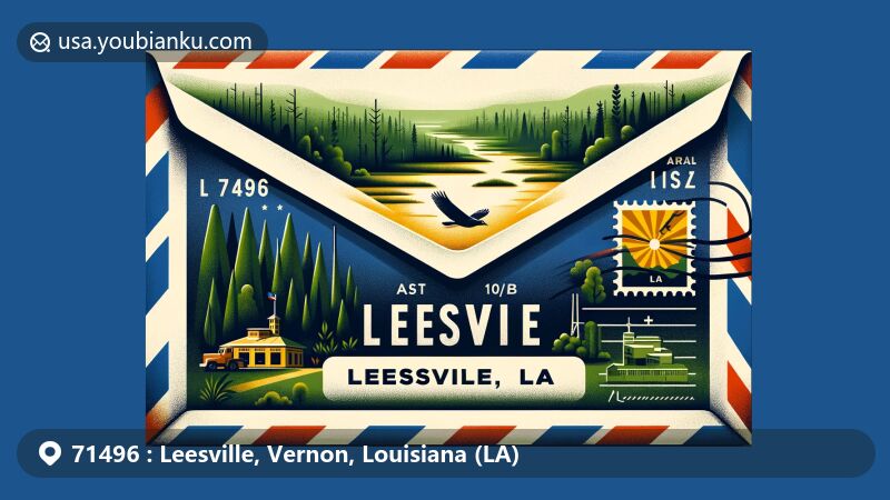 Modern illustration of Leesville, Louisiana, featuring airmail envelope with natural and military elements, including Kisatchie National Forest and Fort Polk, augmented by Louisiana state flag colors and '71496 Leesville, LA' stamp.