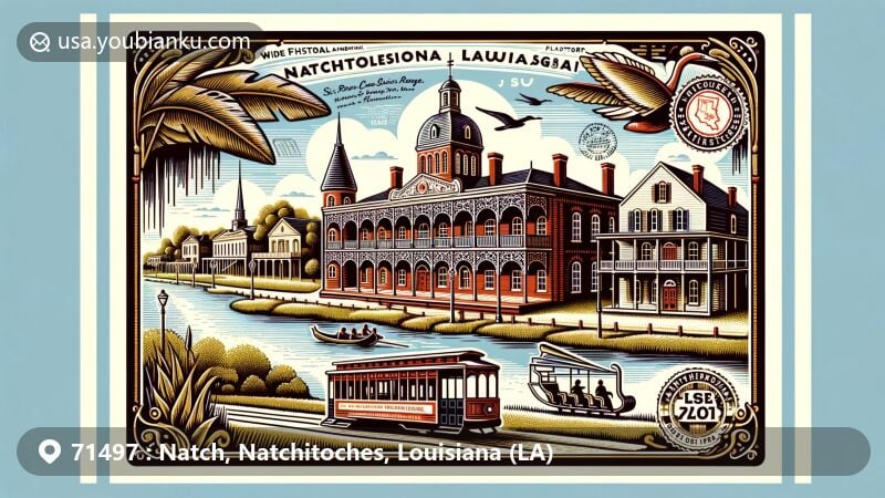 Modern illustration of Natchitoches area in Louisiana, showcasing Natchitoches National Historic Landmark District, Fort St. Jean Baptiste, Louisiana Sports Hall of Fame & Northwest Louisiana Regional History Museum, and Cane River Creole National Historical Park.