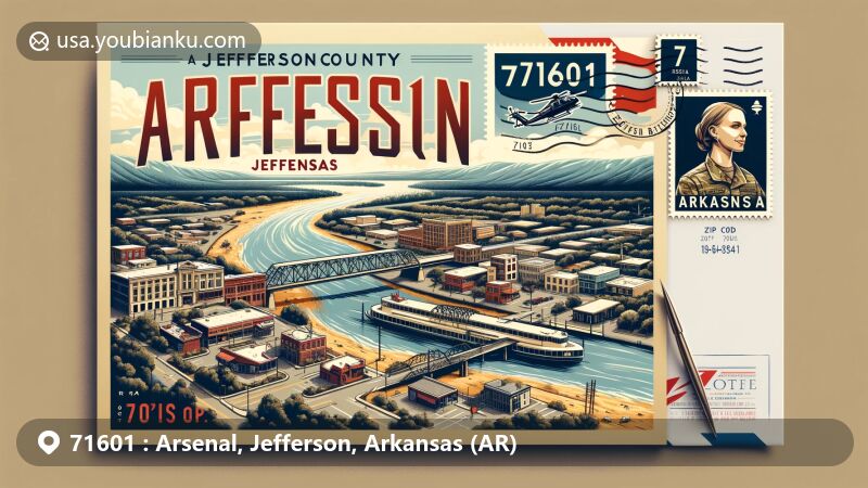 Modern illustration of Arsenal, Jefferson, Arkansas, representing ZIP code 71601. Featuring Arkansas River, downtown Pine Bluff, and landmarks like Bayou Bartholomew, the world's longest bayou. Incorporates postal elements with oversized postcard format, vintage-style postage stamp, postal mark, and envelope corner peeking. Balances geographic and cultural significance with a clear and creative design.