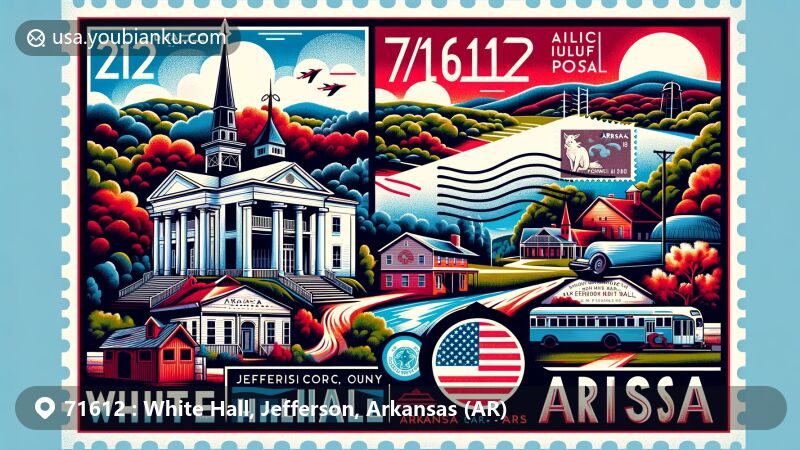 Contemporary illustration capturing the essence of White Hall, Jefferson County, Arkansas, with postal theme depicting ZIP code 71612. Features Crenshaw Springs, Pine Bluff Arsenal, Bellingrath House, Old Dollarway Road, and Arkansas state symbols.