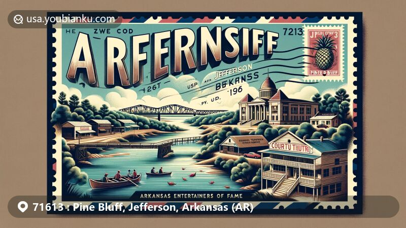 Vintage-style illustration of ZIP code 71613, Pine Bluff, Jefferson, Arkansas, featuring landmarks like the Arkansas River, Jefferson County Courthouse, and UAPB Bell Tower, along with Bayou Bartholomew and cultural nods to the Arkansas Entertainers Hall of Fame.