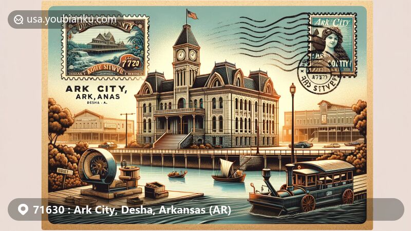 Modern illustration of Ark City, Desha County, Arkansas, reflecting ZIP code 71630, featuring historic landmarks like the Desha County Courthouse and Old Opera House, with a nod to the town's river town heritage.