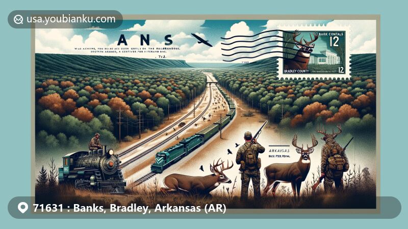 Modern illustration of Banks area, Bradley County, Arkansas, featuring postal theme with ZIP code 71631, showcasing rich heritage of timber industry, historic connection with railways, and identity as a hunting hub. Visual elements combine: bird's eye view of dense South Arkansas forests showcasing abundant timber industry heritage; vintage railway line cutting through the forests symbolizing Banks' historical connection with railways; scene of modern gun deer hunting by camouflaged hunters representing the significant local Buck Fever festival. Additionally, foreground of the image presents a large, creatively designed envelope or postcard with prominently displayed '71631' ZIP code and a deer stamp symbolizing the Buck Fever festival. The overall illustration style is modern and creative, ideal for showcasing the unique features of Banks, Bradley County, Arkansas on websites.