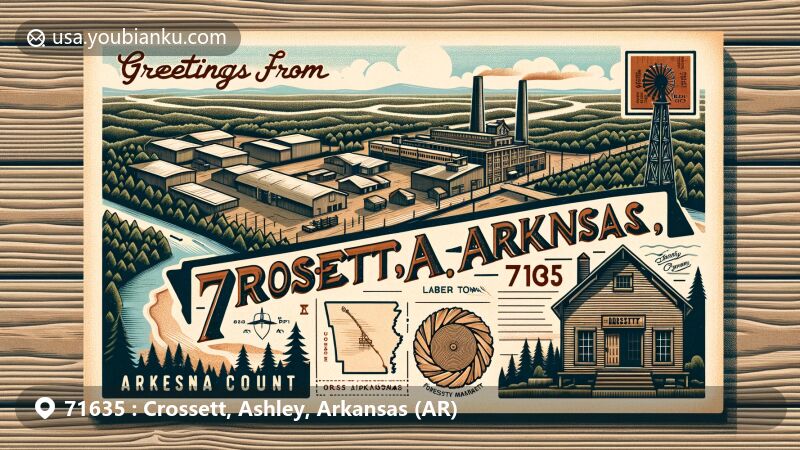 Vintage-style postcard illustration of Crossett, Arkansas, ZIP code 71635, showcasing historical lumber town identity with natural landscapes, a historic mill house, and modern forestry practices, including symbols of pine trees, sawmill blades, and the Georgia-Pacific complex.