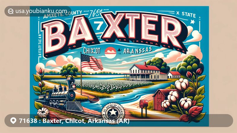 Modern illustration of Baxter, Chicot County, Arkansas, featuring Lake Chicot, Arkansas state flag, cotton plantation, and vintage postal elements.