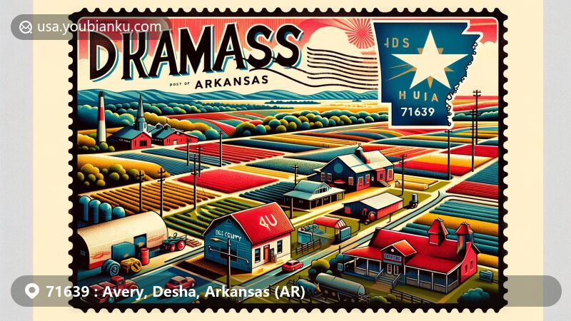 Modern illustration of Dumas, Desha County, Arkansas, showcasing postal theme with ZIP code 71639, featuring south Arkansas farming community and iconic state elements.