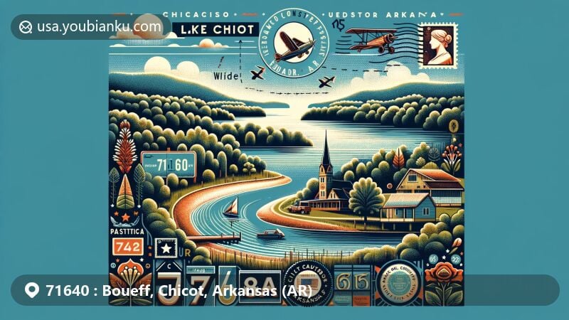 现代插画展示美国邮编71640地区Lake Chicot的自然美景和邮政遗产，突出其作为种植园农业和内战历史关键地点，融合明信片、航空邮件信封和邮政主题元素。