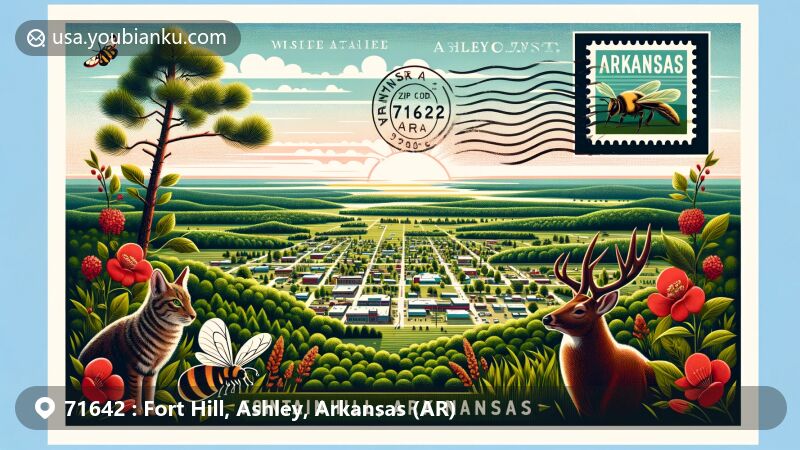 Modern illustration of Fountain Hill, Ashley County, Arkansas, showcasing postal theme with ZIP code 71642, featuring state symbols: Pine tree, White-Tailed Deer, Honeybee, and Apple Blossom.