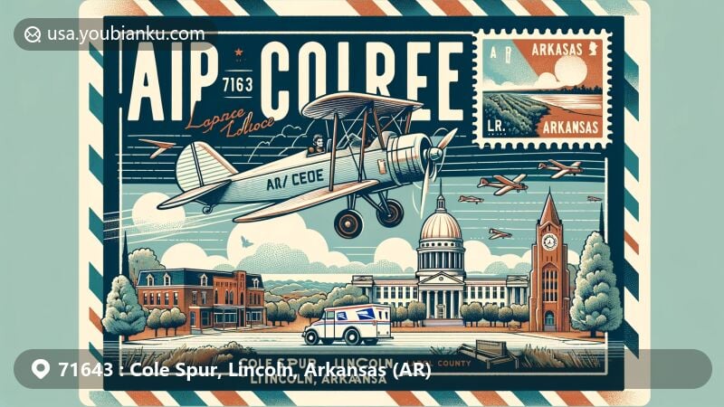 Modern illustration of Cole Spur, Lincoln County, Arkansas, featuring aviation-themed airmail envelope design showcasing ZIP code 71643, with Lincoln County Courthouse and Star City Commercial Historic District.