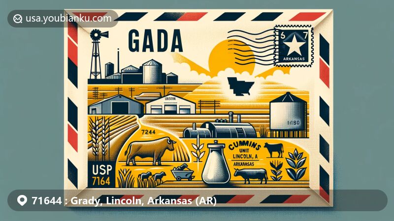 Modern illustration of Grady, Lincoln County, Arkansas, featuring vintage airmail envelope with colorful postcard inside, showcasing agricultural landscape symbolizing Cummins Unit, Arkansas state flag, and Lincoln County outline.