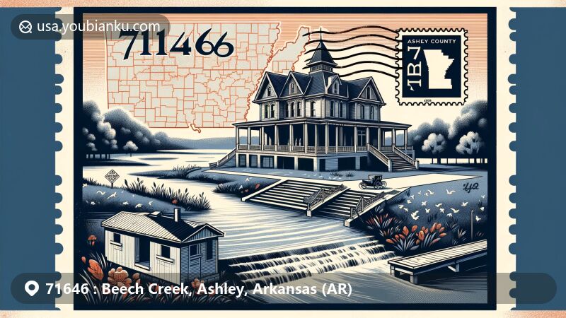 Modern illustration of Beech Creek, Ashley County, Arkansas, inspired by a postcard style, showcasing the Ashley County Museum in Neo-Classical Revival architecture, surrounded by Beech Creek nature and an outline of the county's map, featuring vintage postage stamp with ZIP code 71646 and postal cancellation mark.
