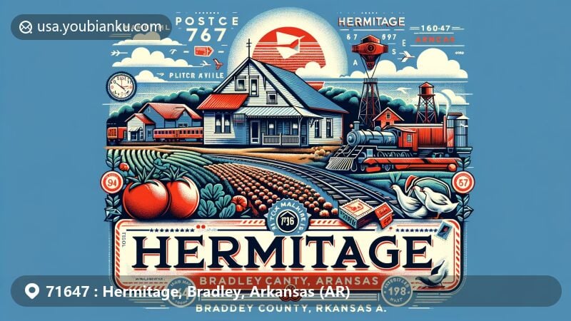 Modern illustration of Hermitage, Bradley County, Arkansas, capturing the essence of local agricultural heritage with a focus on tomato and poultry industries, showcasing the Rock Island Railroad symbol and postal theme with ZIP code 71647.