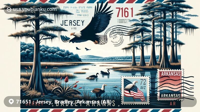 Modern illustration of Moro Bay State Park, Jersey, Bradley County, Arkansas, featuring Ouachita River, cypress trees, and wildlife like eagles, encapsulating serene natural beauty and postal elements.
