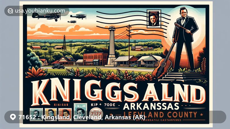 Modern illustration of Kingsland, Arkansas, capturing the essence of postal theme with ZIP code 71652, featuring a tribute to Johnny Cash and the natural landscapes of the region.
