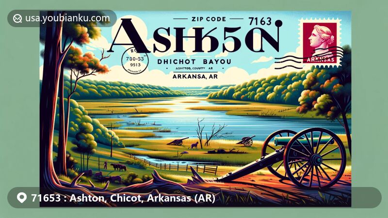 Modern illustration of Ashton, Chicot County, Arkansas, highlighting ZIP code 71653, featuring Lake Chicot, the largest oxbow lake in North America, with lush greenery and historical nods to Ditch Bayou Battlefield.
