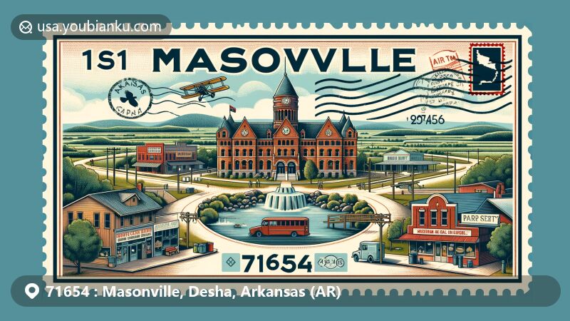 Modern illustration of Masonville, Desha County, Arkansas, with postal card theme showcasing ZIP code 71654, Desha County Courthouse, Arkansas City Commercial District, fertile Delta landscape, and postal symbols like vintage stamp and mailbox.
