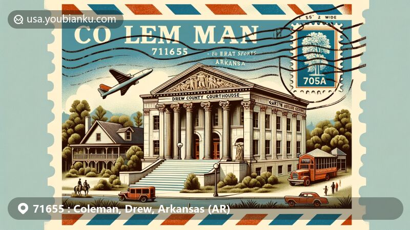 Modern illustration of Coleman, Drew County, Arkansas, featuring Drew County Courthouse and Garvin Cavaness House, Southeast Arkansas District Fair, Forest Festival, and postal symbols.