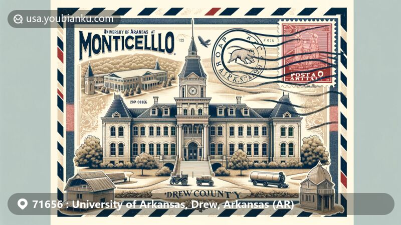 Modern illustration of University of Arkansas at Monticello and surrounding areas in ZIP code 71656, Monticello, Arkansas, featuring vintage airmail envelope with iconic university structure, French castle courthouse, natural beauty, and agriculture.
