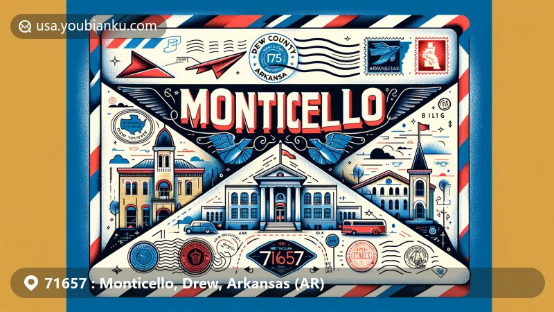 Modern illustration of Monticello, AR 71657, featuring Drew County Historical Museum and Courthouse, Arkansas state symbols, and postal elements.