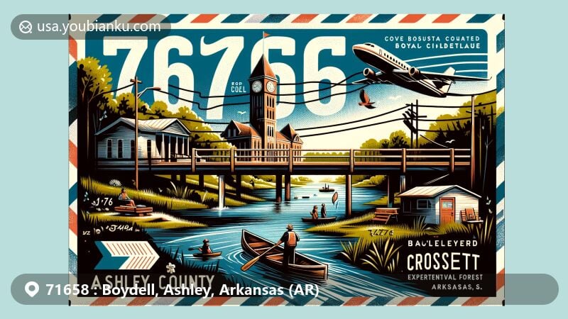 Modern illustration of Boydell, Ashley County, Arkansas, featuring ZIP code 71658, showcasing Bayou Bartholomew, Crossett Post Office, Ashley County Courthouse, and Crossett Experimental Forest.