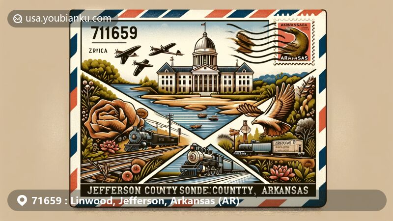 Modern illustration of Linwood, Jefferson County, Arkansas, presenting a vintage air mail envelope theme with Arkansas River, Jefferson County Courthouse, Delta Rivers Nature Center, Arkansas Railroad Museum, local flora, fauna, vintage stamp, postal mark, and ZIP code 71659.