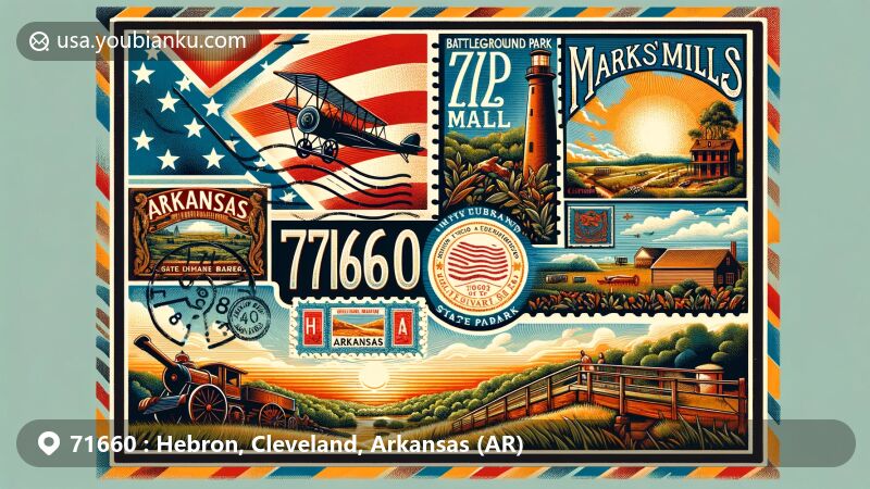 Modern illustration of Hebron, Cleveland, Arkansas, highlighting historical significance with Marks' Mills Battleground State Park, and postal theme with ZIP code 71660. Features Arkansas state symbols and iconic landscapes.