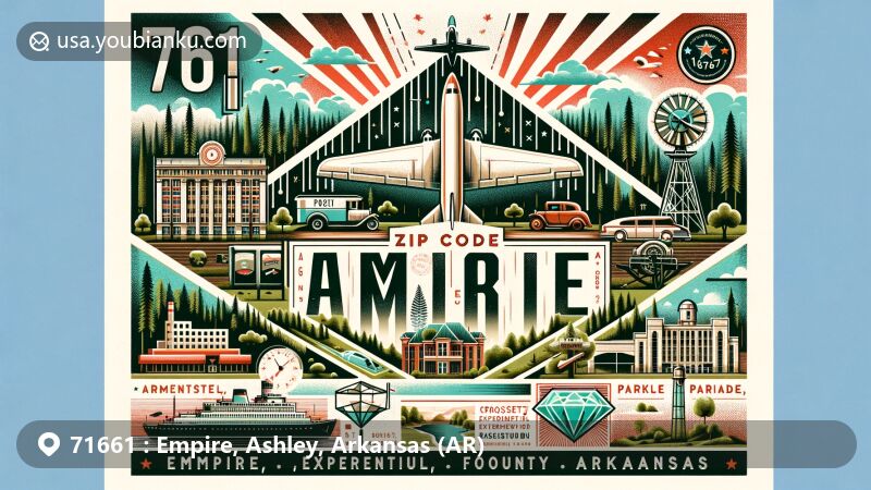 Modern illustration of Empire, Ashley County, Arkansas (AR), showcasing postal theme with ZIP code 71661, featuring Ashley County landmarks and Arkansas state symbols.