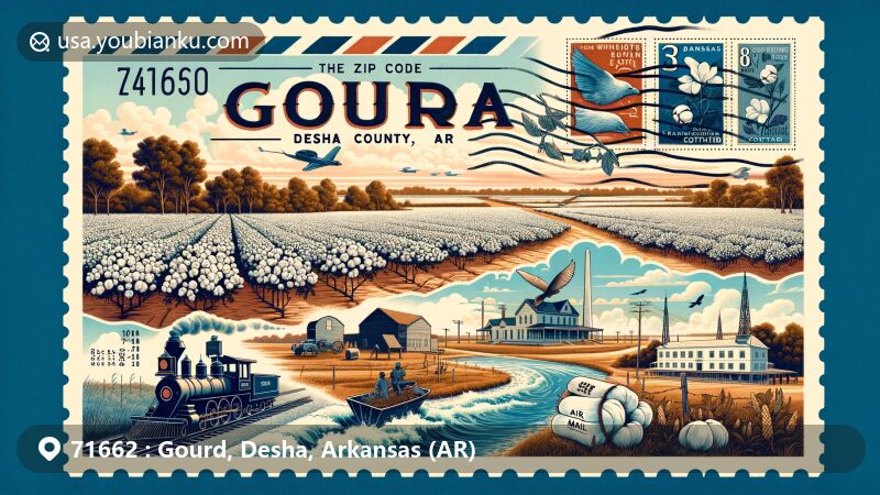 Modern illustration of Gourd, Desha County, Arkansas, highlighting ZIP code 71662 with air mail envelope background featuring cotton fields, White River National Wildlife Refuge, and Rohwer War Relocation Center.