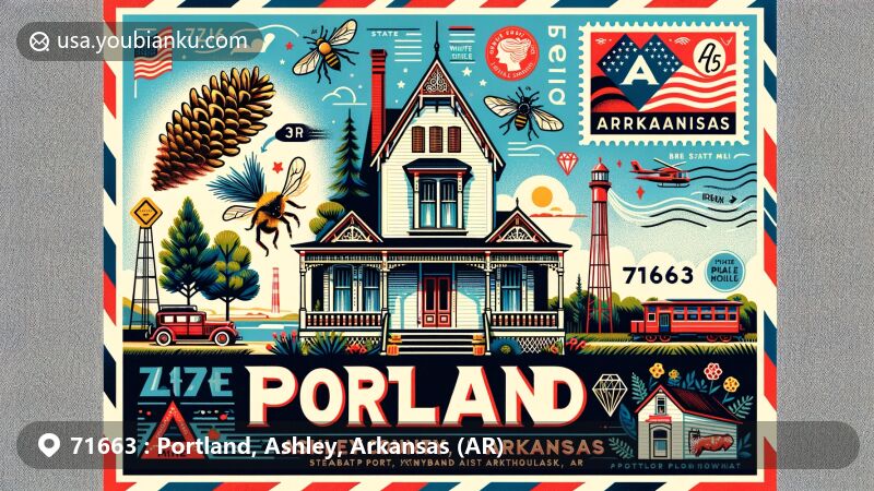 Modern illustration of Portland, Ashley County, Arkansas, showcasing postal theme with ZIP code 71663, featuring historic Dean House and Pugh House, Arkansas state symbols, and hints of agricultural heritage and Bayou Bartholomew.