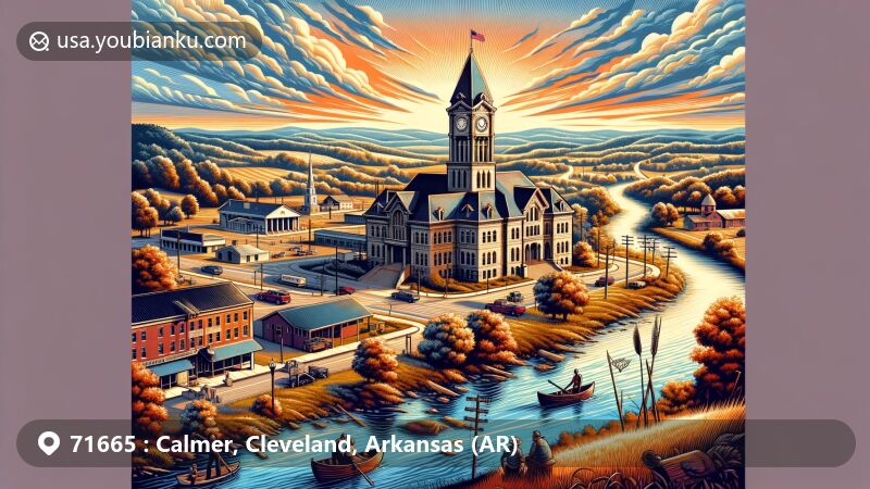Modern illustration of Calmer in Cleveland County, Arkansas, highlighting picturesque landscape with Saline River, historical landmarks like Cleveland County Courthouse, Marks' Mills Battleground State Park, and postal heritage.