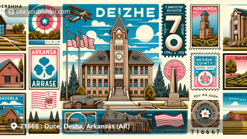 Modern illustration of Rohwer Relocation Center and Desha County Courthouse in ZIP code 71666, highlighting World War II history, architectural landmarks, Arkansas' natural beauty, and postal themes.