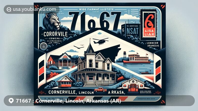 Modern illustration of Cornerville area in Lincoln County, Arkansas, with ZIP code 71667, showcasing vintage airmail envelope and key local landmarks like Oscar Crow House, Lincoln County Courthouse, and Lincoln Lake.
