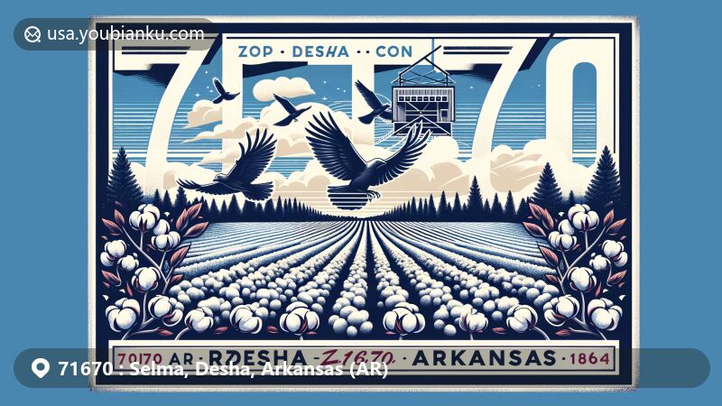 Modern illustration of Selma, Desha, Arkansas, with fields of cotton under a blue sky, referencing the Arkansas Delta's fertile lands and Desha County's agricultural economy, featuring symbols of Arkansas, historical nods to Desha County's significance, and a postal theme highlighting ZIP Code 71670.