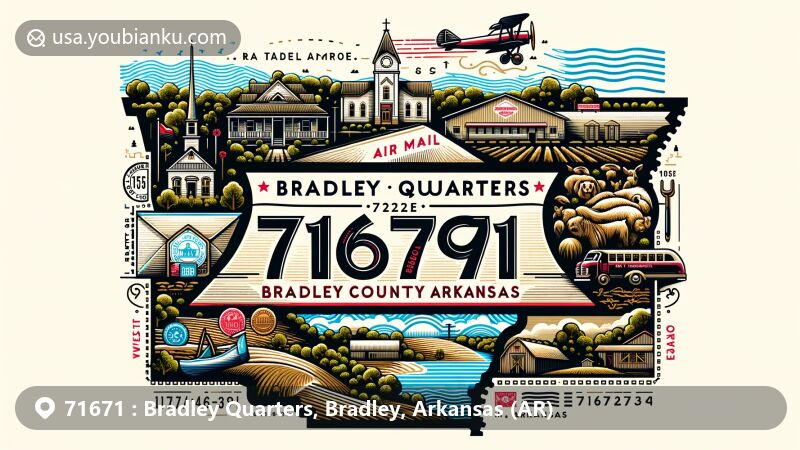 Modern illustration of Bradley Quarters, Bradley County, Arkansas, featuring ZIP code 71671, vintage air mail elements, and local geography and culture.