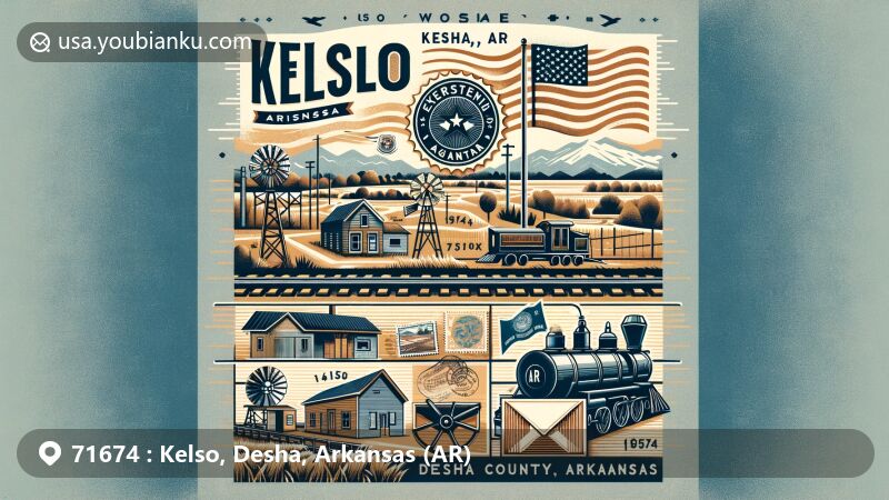 Modern illustration of Kelso, Desha County, Arkansas, featuring historical and postal themes, showcasing area's timber industry, railroad development, agricultural station, and Civil War skirmish site.