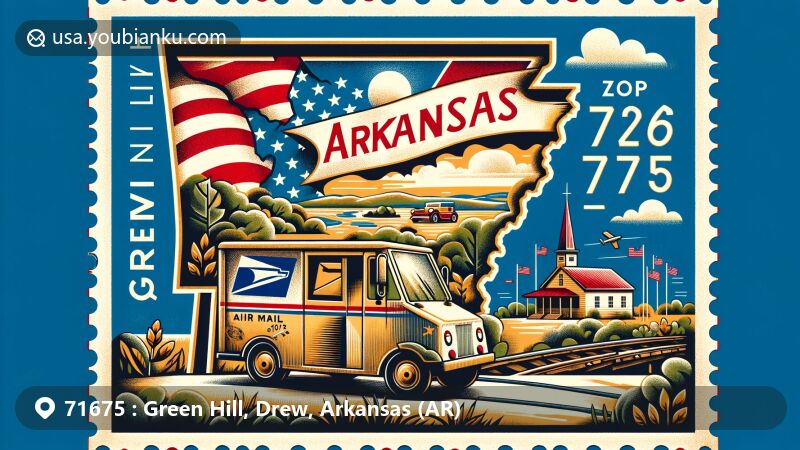 Modern illustration of Green Hill, Drew County, Arkansas, featuring ZIP code 71675, showcasing regional and postal elements with Arkansas state symbolism and historical Trail of Tears imagery.