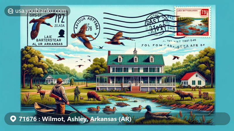 Modern illustration of Wilmot, Arkansas, showcasing colonial lodge by Bayou Bartholomew and outdoor recreation culture, featuring hunting and fishing imagery, vintage air mail envelope with ZIP code 71676, postage stamp of Lake Enterprise, and postal cancellation mark.